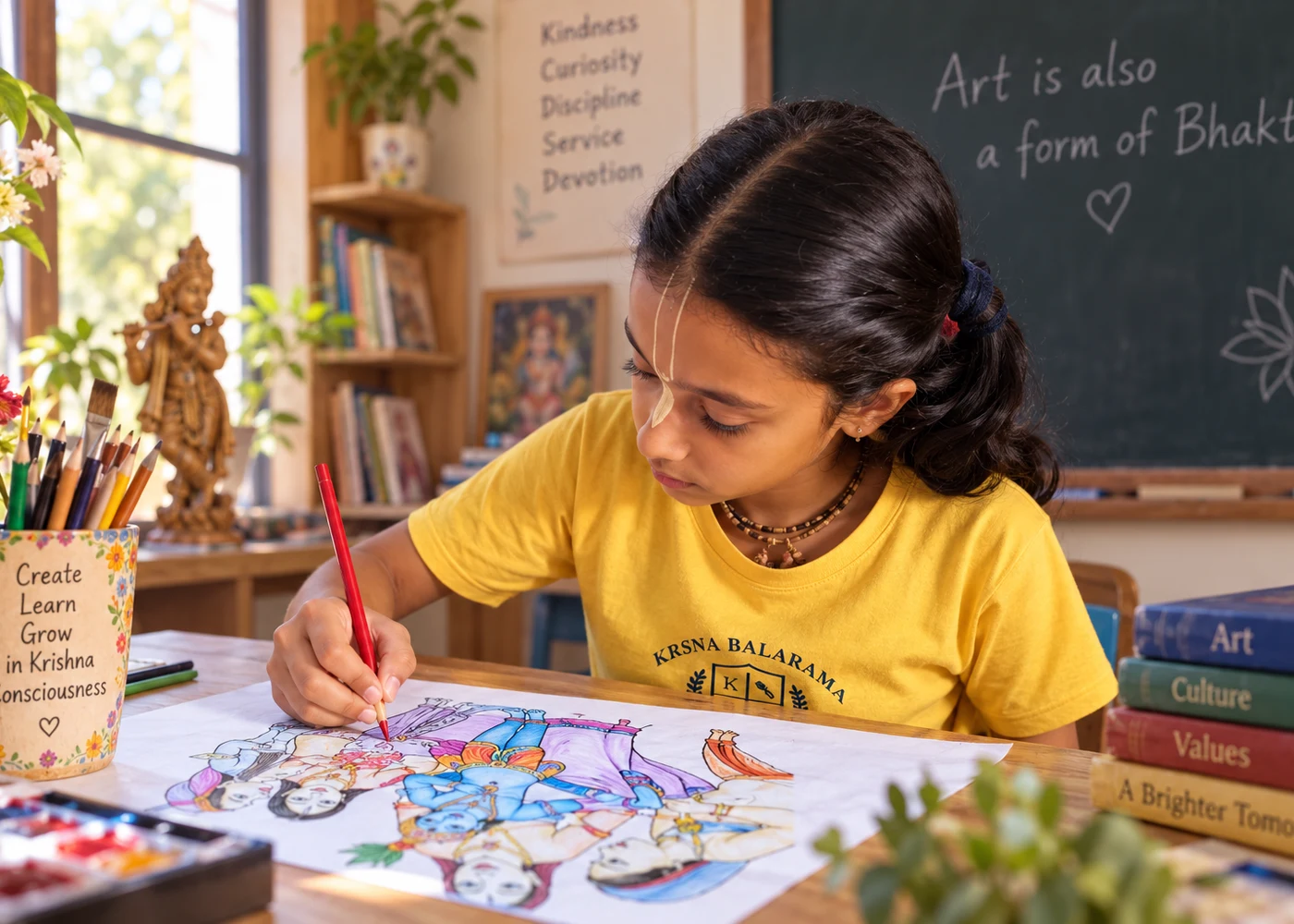KBCDS student creating devotional artwork in a warm classroom setting
