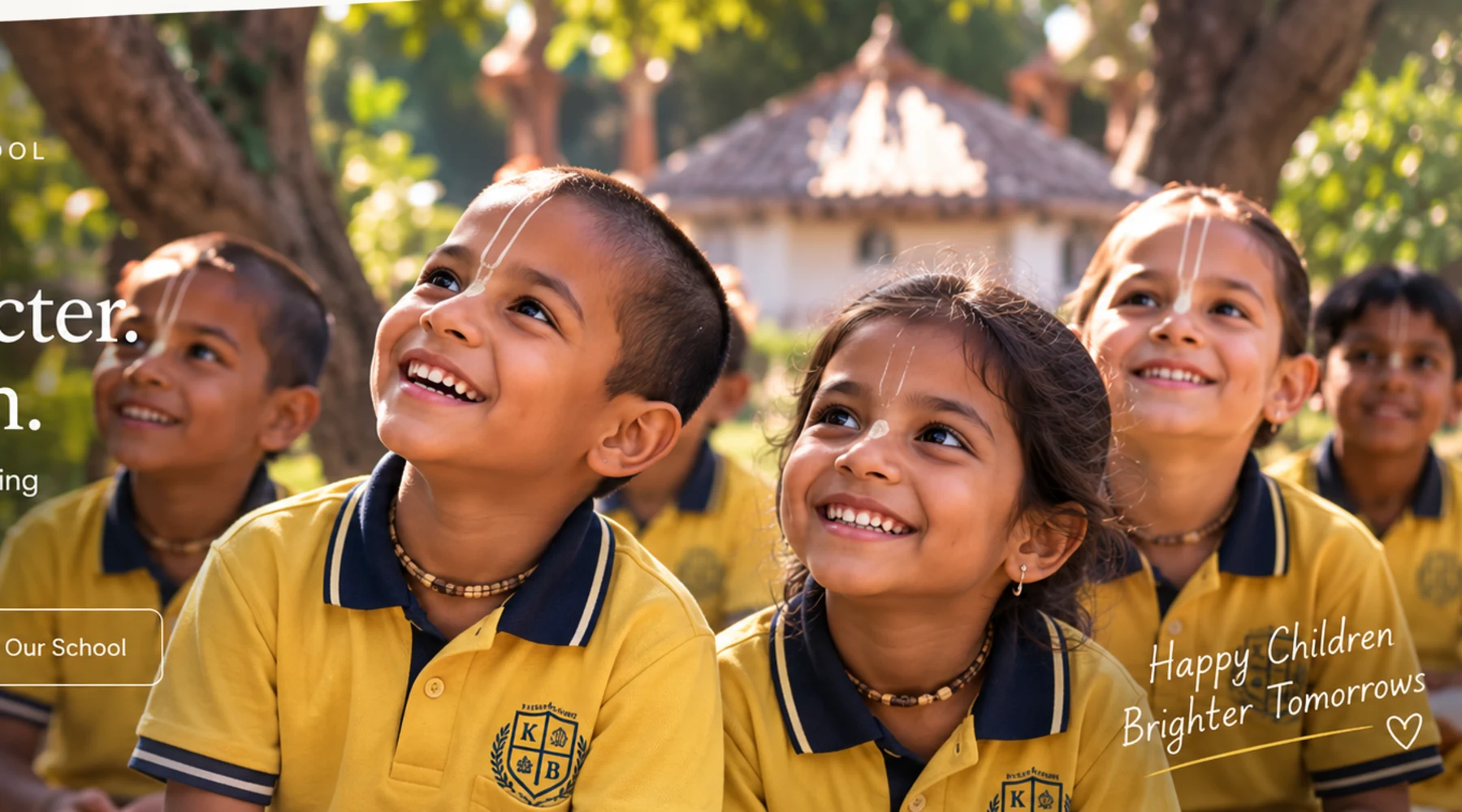 Children in KBCDS-style yellow and navy school uniforms smiling together